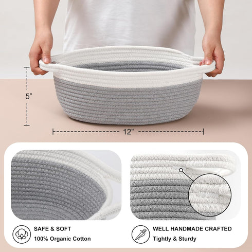 4 Pack Small Woven Basket with Handles, Cotton Rope Shelf Storage Basket, Cute Baby Gift Basket for Nursery Bedroom -