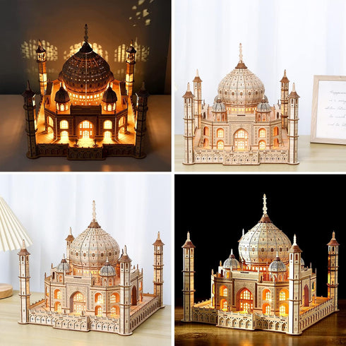 3D Wooden Puzzle for Adults, Taj Mahal Wood Model with LED Light, Self-Assembly Mechanical Building Kit
