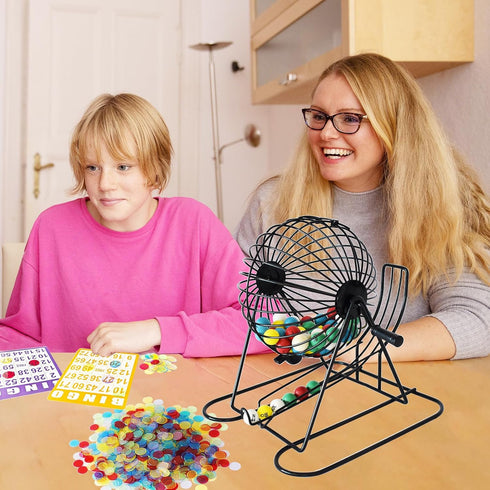 Set 75 100 500 Yuanhe Deluxe Bingo Game - Metal Round Cage, Colored Bingo Balls, Bingo Cards, Mixed Chips and Master