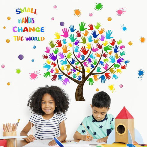 Small Hands Change The World Wall Stickers Inspirational Quote Paint Splatter Diversity Handprint Wall Decals