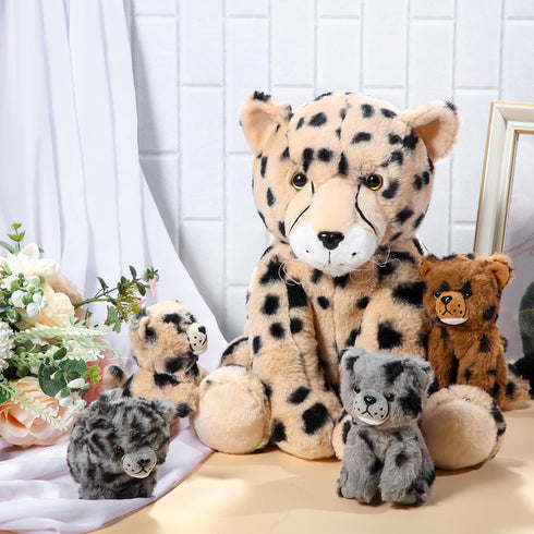 5 Set Mommy 4 Tummy Silipull Pcs Cheetah Stuffed Animals Large Cheetah Plush with Soft Cuddly Baby Cubs in Her for Boys