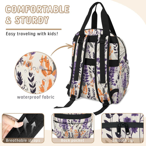 Eativisa Backpack-Multi-functional Lavender flowers Diaper Bag mother and baby bag Thermal compartment USB charging
