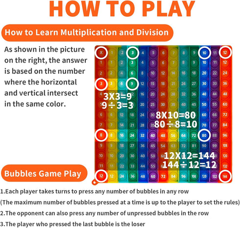 12x12 Multiplication Pop Game & Math Chart | Interactive Learning Toy for Kids | Teacher-Approved Classroom Tool |