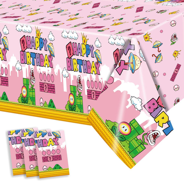 3Pcs Super Brothers Adventure Party Tablecloths, 108 x 54 inches, Video Game Theme for Birthday Decoration