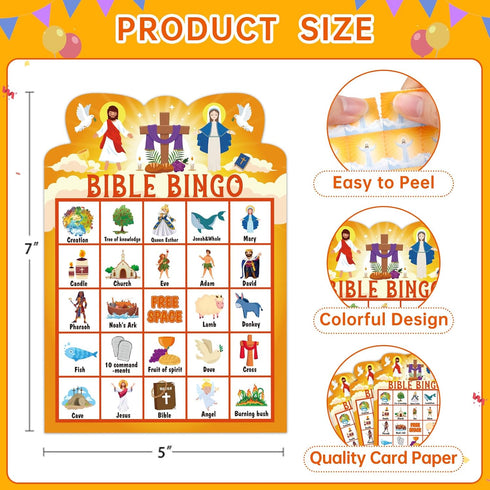 Bible Bingo Game for Kids and Adults, 26 Players Christian Bible Cards for Family Activities and Vacation Bible School