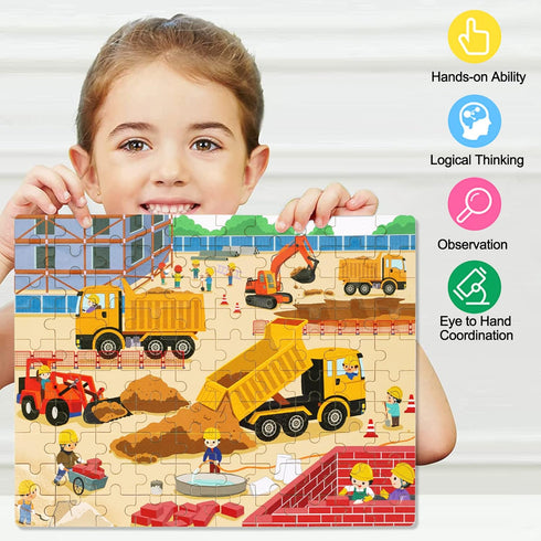 LELEMON 100 Pieces Jigsaw Puzzles - Metal Box for Kids Age 4-8, Construction Site Vehicles Educational Toys