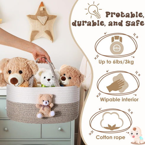 FoldTier Bear Diaper Caddy Organizer Cart Storage for Nursery with Handle, Bear Baby Shower Basket Gift Bath Caddy