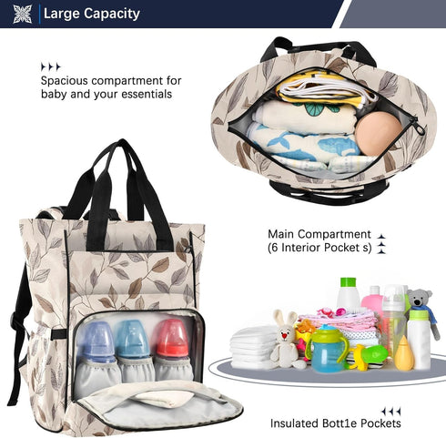 SUABO Backpack Hand Drawn Leaf Pattern Baby Diaper Bag Large Bag Waterproof Travel Diaper Bags for Moms and Dads