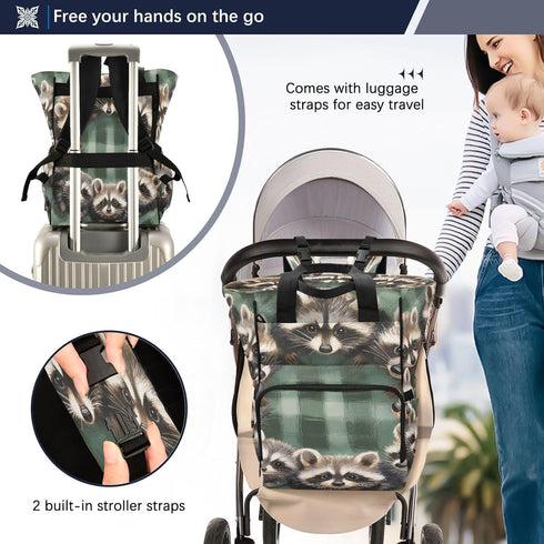 YANENDIE Backpack, Backpack Backpack Cute Raccoons Diaper Bag Unisex Travel Baby Diaper Bags with Stroller Straps