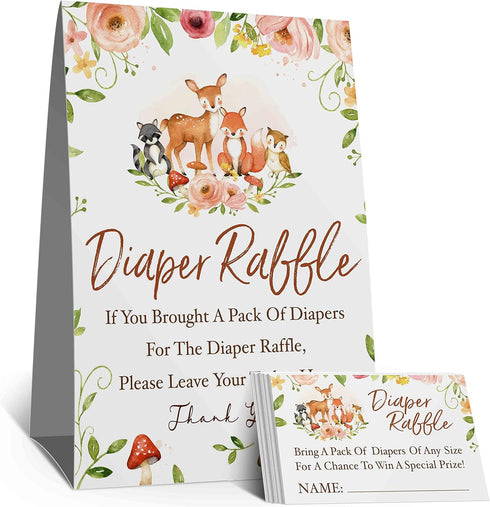 skuhyyg Woodland Diaper Raffle Tickets, Diaper Raffle Sign, Pink flower Baby Shower Game