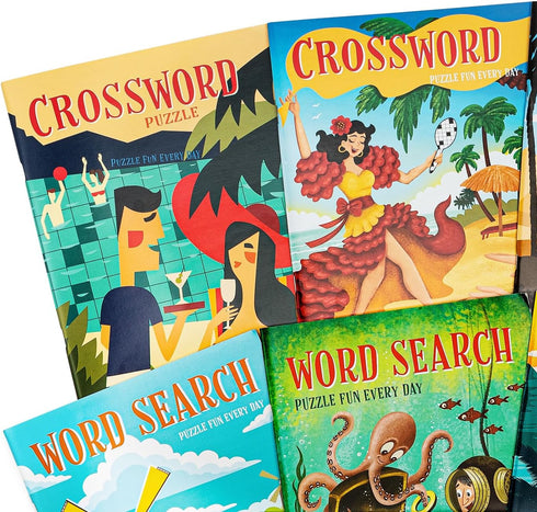 Puzzle Book 8pc Bundle - 4 Crossword & 4 WordSearch Books, Themed Puzzle Fun for Kids Ages 9+