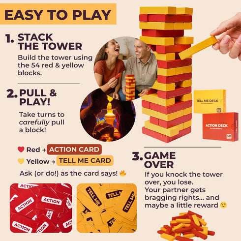 100 50 50 Our Guilty Pleasures The Pull Out Game - Flirty Date Night Game for Couples, Romantic Block Tower with Cards