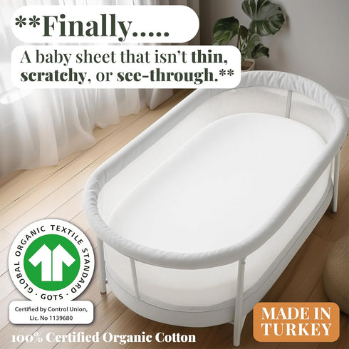 Simmons GOTS Organic Bassinet Sheets Compatible with Halo Bassinest Swivel Sleeper, Delta Children Kids Bassinet, Arms