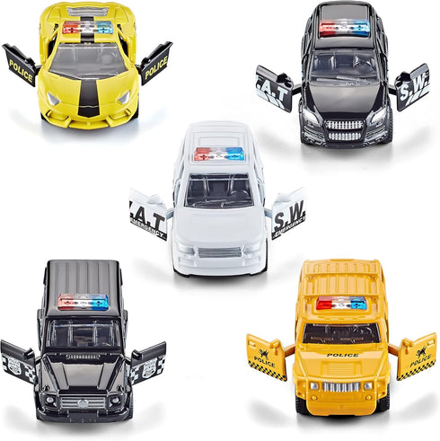Die Cast Metal Little Toy Cars Set of 5, Openable Doors Pull Back Car Gift Pack for Kids (Police car)