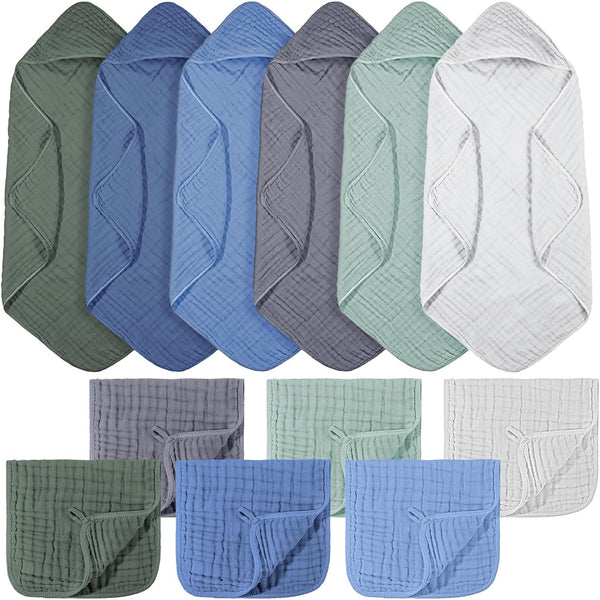 VitalCozy 12 Pcs Baby Muslin Hooded Bath Towels and Washcloths Muslin Cotton