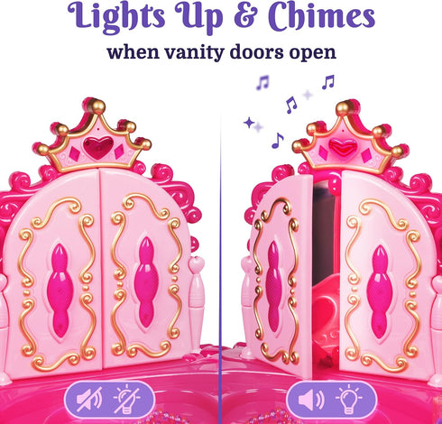 PREXTEX Kids Makeup Table with Mirror and Chair, Princess Play Set with Light and Musical Sound Effects