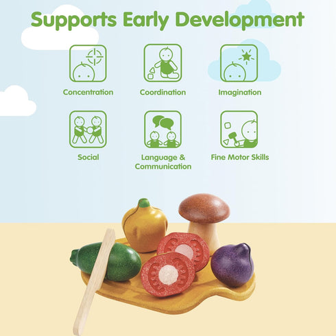 Set PlanToys Wooden Assorted Vegetable | Montessori Play Food for Toddlers | Includes Tomato, Mushroom, Shallot, Bell