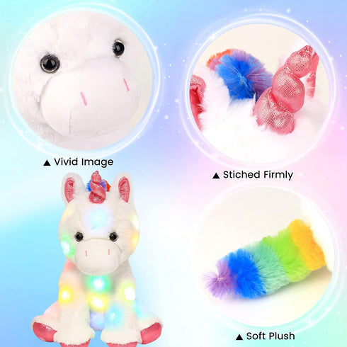 13'' Hopearl LED Plush Unicorn Lighting Up Stuffed Animal Floppy Night Lights Glow in The Dark Birthday Festival