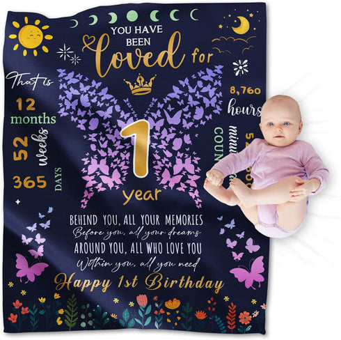 1 Year Old Girl Gifts, 1st Birthday Blanket, Happy 1st Birthday Throw Blanket, 50"x40", Butterfly