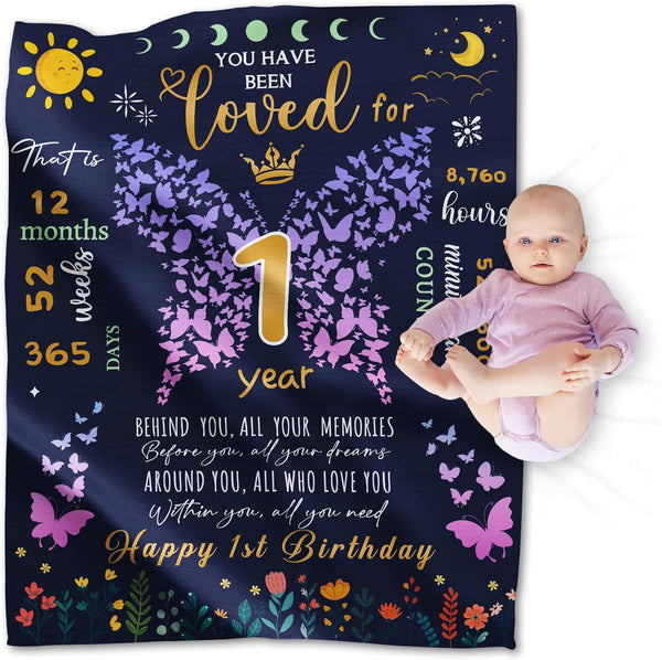 1 Year Old Girl Gifts, 1st Birthday Blanket, Happy 1st Birthday Throw Blanket, 50"x40", Butterfly