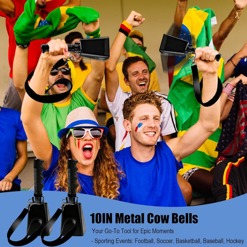 Woowyvyell 10IN Cow Bells with Wrist Strap Large Cheering Cowbells for Sporting Events Solid Metal Noise Makers Hand