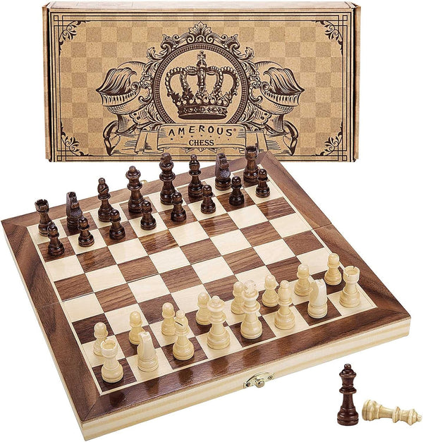 AMEROUS 12" x 12" Magnetic Wooden Chess Set - Kids Age 6+, 2 Bonus Extra Queens, Folding Board with Storage Slots