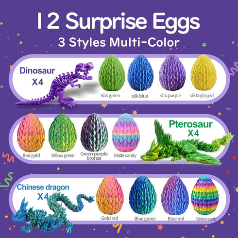 BOYLOVE 3D Set, 12Pcs 3D Set Printed Dragon Prefilled Easter Eggs Printed Animals Cool Fidget Toy for Easter Basket