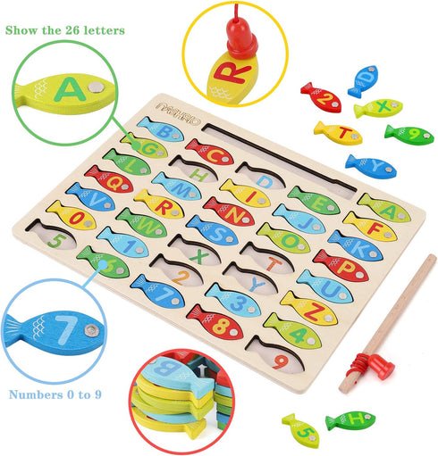 Magnetic Wooden Fishing Game Toy for Toddlers, Alphabet Fish Catching Puzzle for Preschool Learning ABC Math