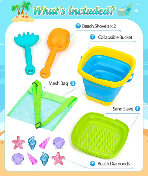 Set DUDUCOFU Collapsible Beach Sand Toys for Kids Toddlers, Collapsible Sand Buckets Sifter and Shovels Rake Diving Gem