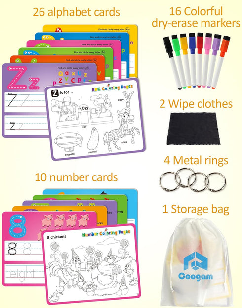 36pcs 3 4 5 Coogam Handwriting Drawing Practice Cards, Alphabet Number Painting Coloring with Pens, Double Sided Write