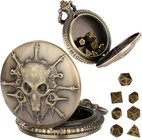 Mini DND Dice Set, 7pcs Polyhedral Metal D&D Dice with Steampunk Warlock Pocket Watch Shell Case, Bronze Gifts