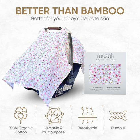 MOZAH 100% Baby Car Seat Cover - Pink Floral Leaves - Organic Muslin - Soft, Breathable and Lightweight, Baby Infant