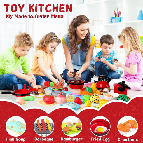 FunMission 134 Playset Pcs Toy Kitchen Accessories, Toddler Pretend Cooking Toys with BBQ Grill, Pressure Cooker