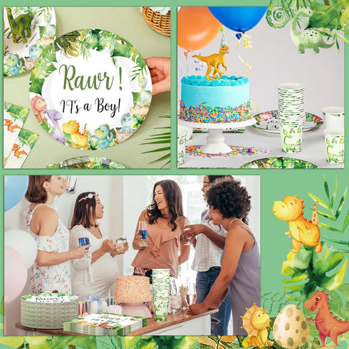200 Pcs Dinosaur Baby Shower Party Supplies Set - Plates, Napkins, Cups for 50 Guests Girls Spring Decoration