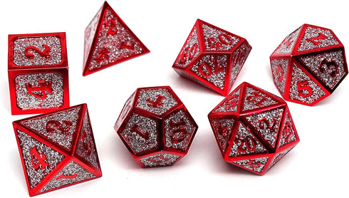 Heroic Dice of Metallic Luster - 7 Piece Metal Polyhedral Dice Collection in Silver with Red Font