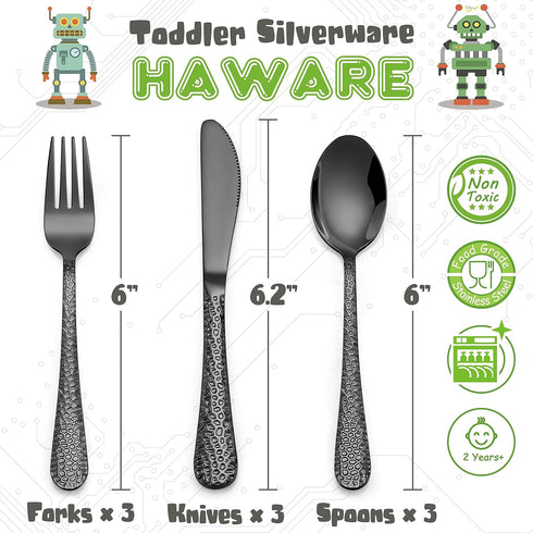 HaWare 9-Piece Toddler Kids Silverware Set, Stainless Steel Hammered Flatware, Preschooler Eating Utensils Includes 3 Spoons 3 Forks 3 Knives, Metal Children Cutlery for Home School, Mirror Finished by HaWare