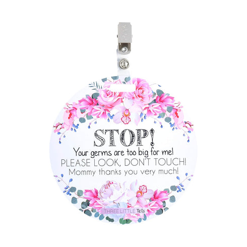 (Three Little Tots) No Touching baby Car Seat and Stroller TWO PACK- Baby Safety No Touching Car Seat Sign, Stroller Sign, Newborn Car Seat Tag- CPSIA Safety Tested (Flower/Woodlands)