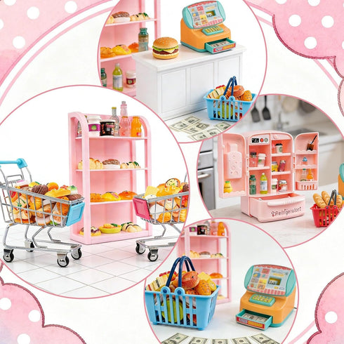 WEHOO 164Pcs Mini Shopping Cart Basket Miniature Food Drink Toy Supermarket Metal Handcart Trolley DollHouse Store