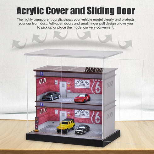 Display Case 1/64 Scale Diecast Parking Garage Model - 3-Tires with LED Light, 12 Parking Spaces, Full Acrylic Cover