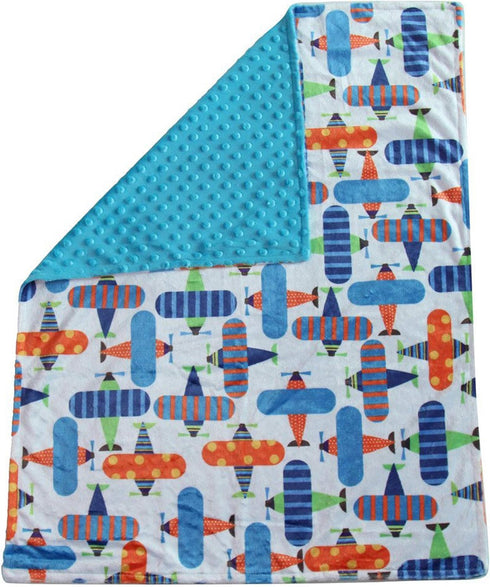 Unisex Baby Reversible Stroller Blanket (Airplane/Turquoise) Minky Dot (Choose Color)