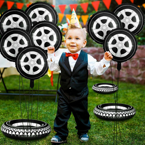 14 Pcs Car Decorations - Racing Cars Birthday Party Supplies with Inflatable Tire Floats and Balloons