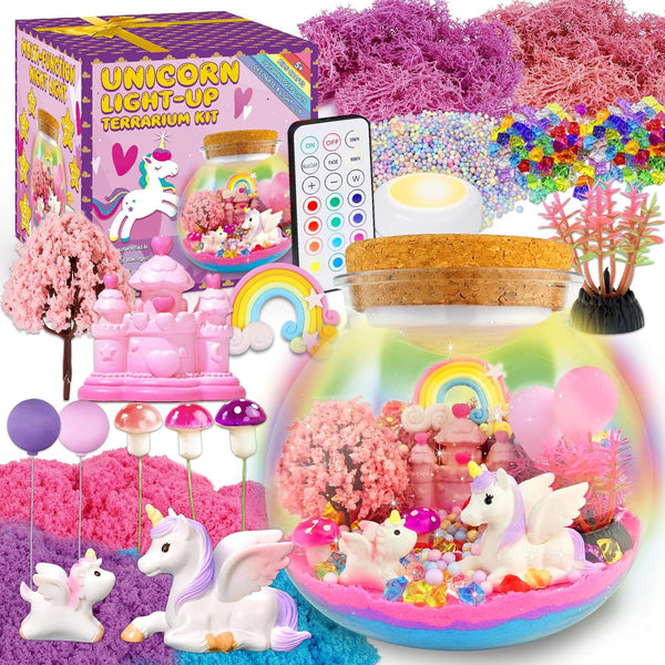 7july Unicorn Terrarium Crafts Kit for Kids-LED Night Light Up & Remote
