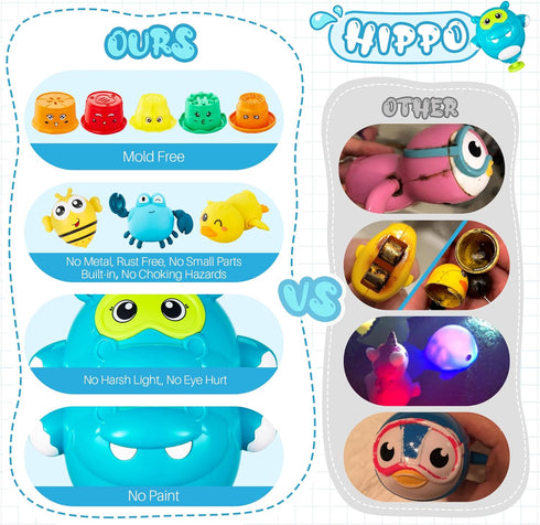 18months+ Swimming EKU Hippo Bath Toys for Kids Ages Toddler with Burger Stacking Cups Duck Crab Bath Time Water Play