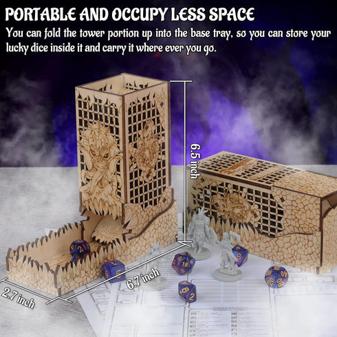 CZYY Dice Tower with Tray, Wood Laser Etched Mind Flayer Portable Collapsible Dice Roller for Board Games