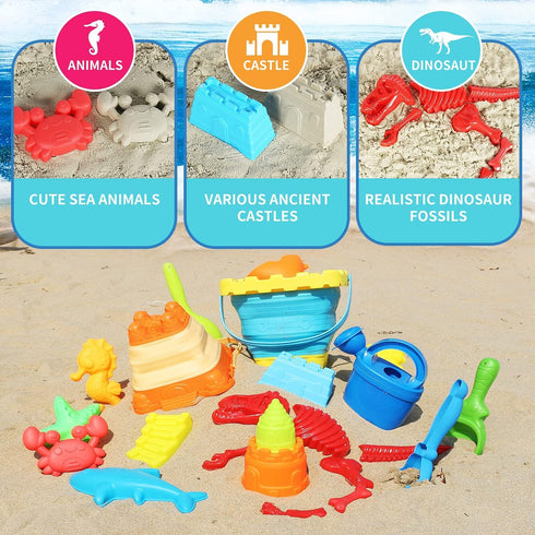 Set, 24PCS Backpack 2 Summer Elovien Beach Sand Toys Sandbox Toys with Mesh Bag Included Foldable Buckets Pails, Sand
