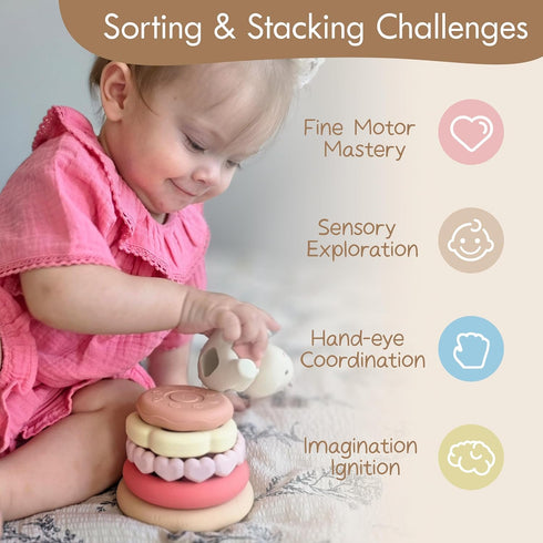 Moonkie 7-Piece 6 Bunny Baby Stacking Toys | Silicone Rings for Teething Relief | Educational Toy for Infants