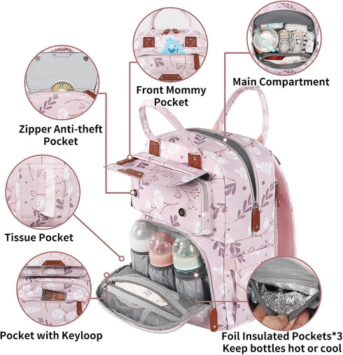 Backpack Diaper Bag for Baby Girl, Multifunction Waterproof Diaper Bag for Mom Dad, Large Pink Floral Baby Diaper Bags