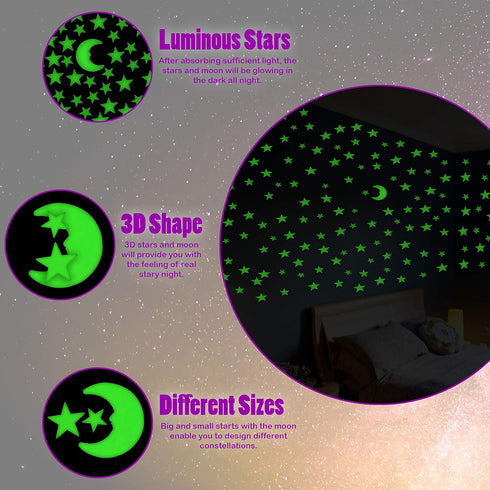 201 Pcs Ultra Glow in The Dark Stars with Bonus Large Moon Stickers Set, Luminous Different Sizes Fluorescent Stars