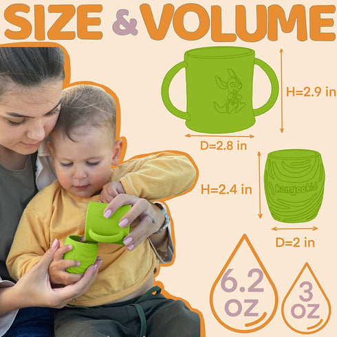 Open Cup Set for Baby, 2 Handled Open Tiny Cups for Toddlers, Transitional Training Silicone Cup, Green