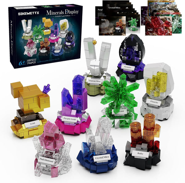 Sikewettx Mineral Display Building Blocks Set 794pcs, 9 Pack Gemstone Models, Crystal Rock